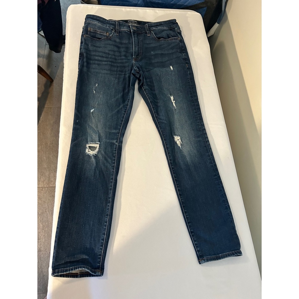 Express Distressed Skinny Jeans Dark Wash Ripped Denim Womens 32x28